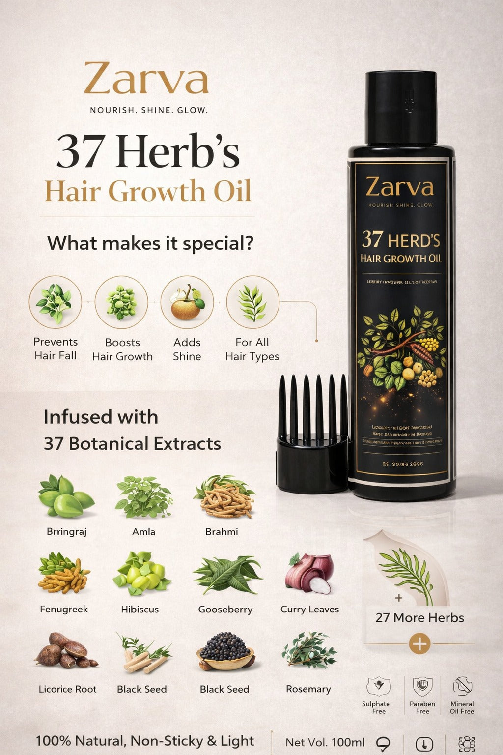 zarva 37 herbs hair growth oil – luxury botanical hair therapy | 100ml